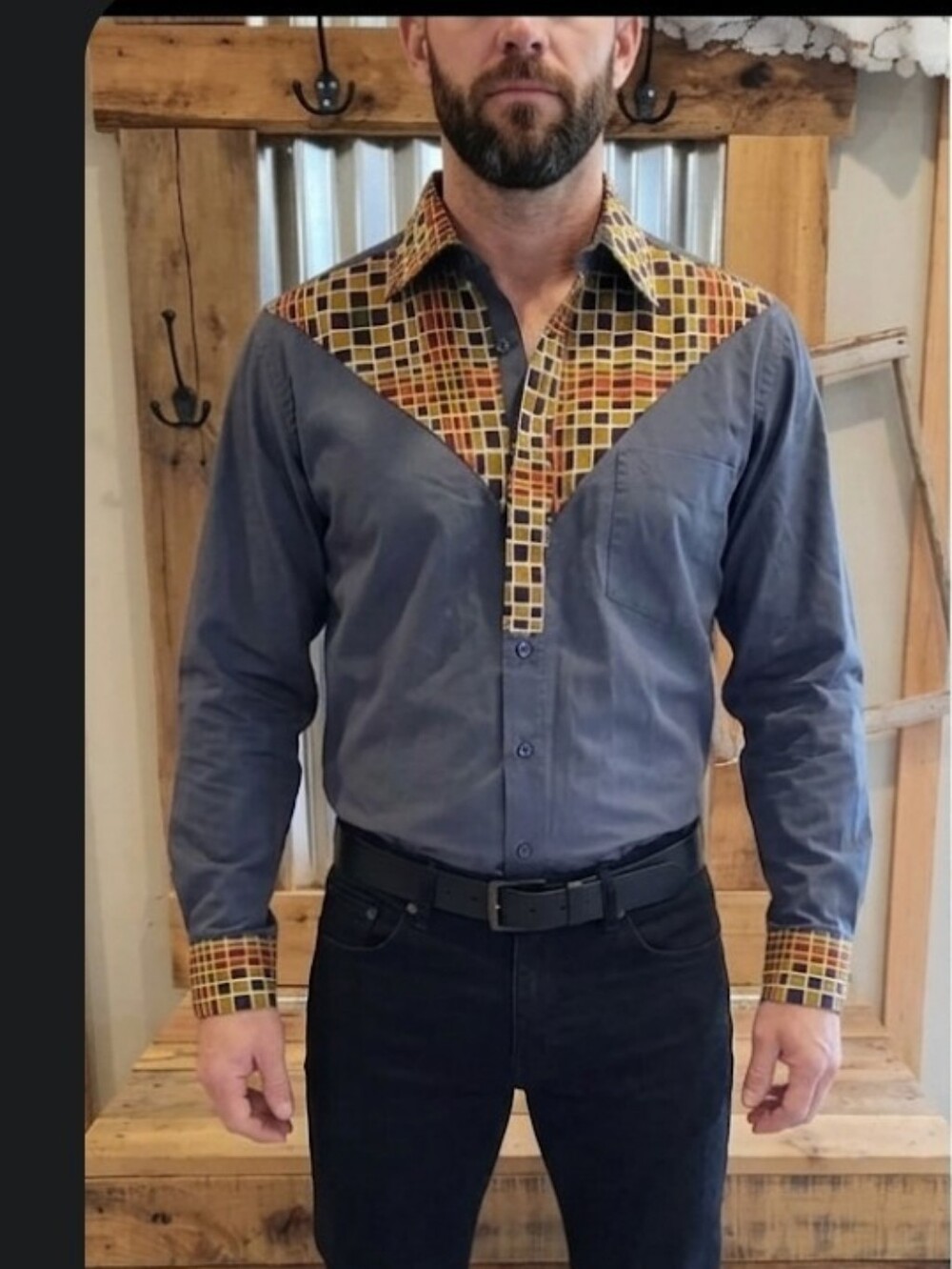 Flip Cuff Western Shirt L Wappan Charcoal geometric